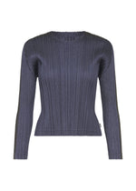 The COTTON DENIM by PLEATS PLEASE ISSEY MIYAKE is a navy, long-sleeved ribbed knit top with a round neck and fitted silhouette, shown against a plain white background. - NAVY BLUE （no.76）