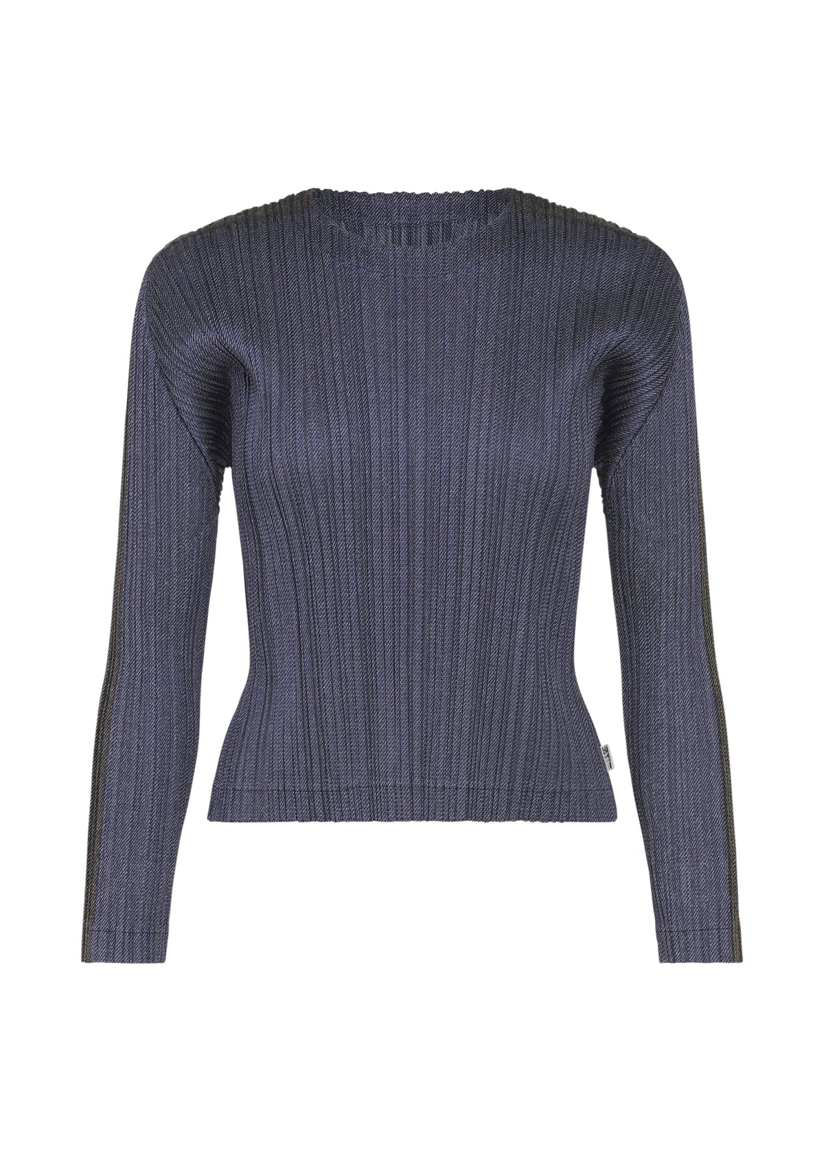 Zoomed view The COTTON DENIM by PLEATS PLEASE ISSEY MIYAKE is a navy, long-sleeved ribbed knit top with a round neck and fitted silhouette, shown against a plain white background. - NAVY BLUE （no.76）