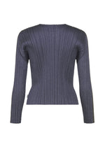 The COTTON DENIM sweater by PLEATS PLEASE ISSEY MIYAKE is shown from the back on a plain white background, featuring long sleeves, ribbed texture, and a denim-like dark grey appearance.