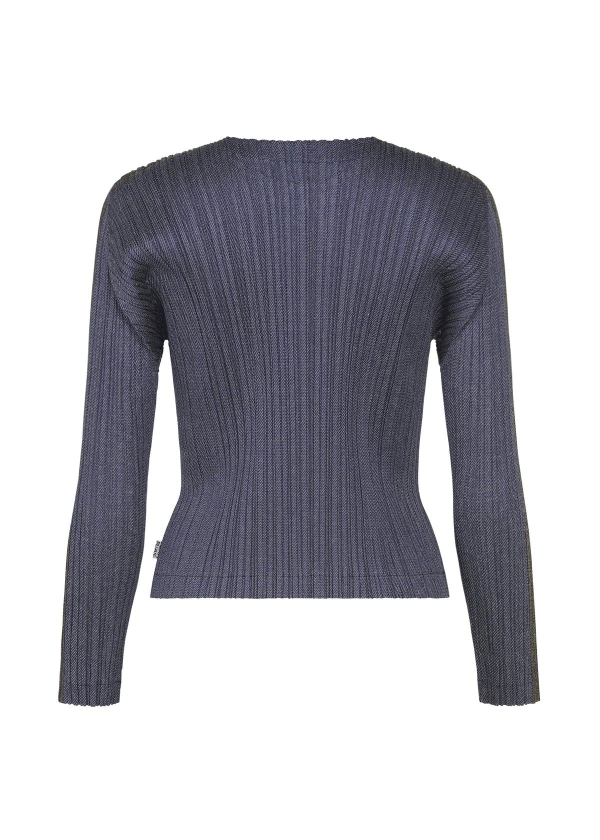 Zoomed view The COTTON DENIM sweater by PLEATS PLEASE ISSEY MIYAKE is shown from the back on a plain white background, featuring long sleeves, ribbed texture, and a denim-like dark grey appearance.