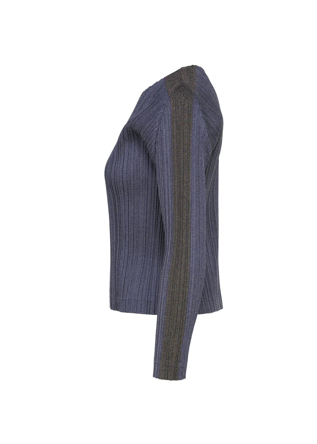 The COTTON DENIM by PLEATS PLEASE ISSEY MIYAKE is a ribbed, long-sleeved blue sweater with a denim-like finish and a dark vertical stripe on the sleeve, shown in side profile against a white background. view 4 of 8