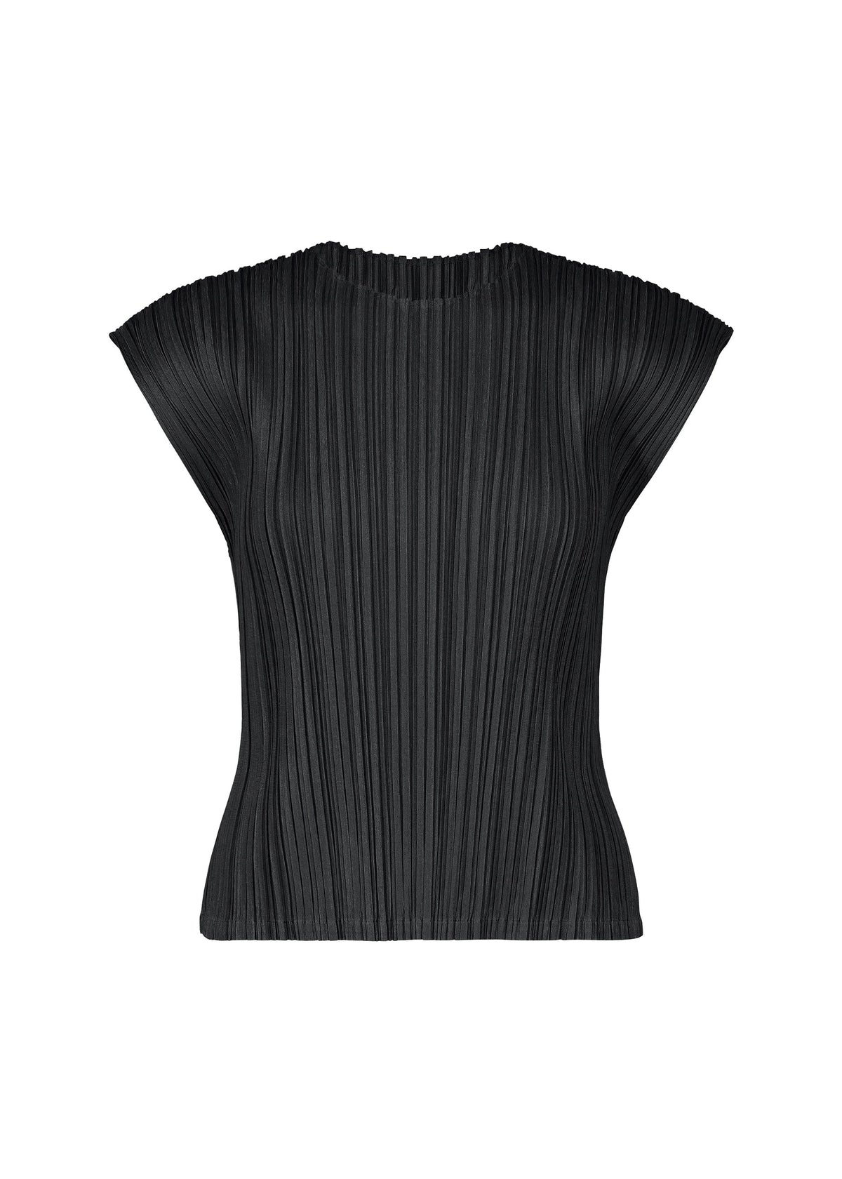 The MELLOW PLEATS top by PLEATS PLEASE ISSEY MIYAKE features a black hue, French sleeves, and a round neckline, showcasing a structured silhouette crafted from soft-textured pleated fabric, presented against a plain white background. view 1 of 8