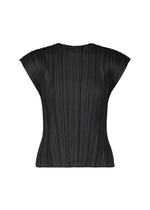 The MELLOW PLEATS top by PLEATS PLEASE ISSEY MIYAKE features a black hue, French sleeves, and a round neckline, showcasing a structured silhouette crafted from soft-textured pleated fabric, presented against a plain white background. - BLACK （no.15）