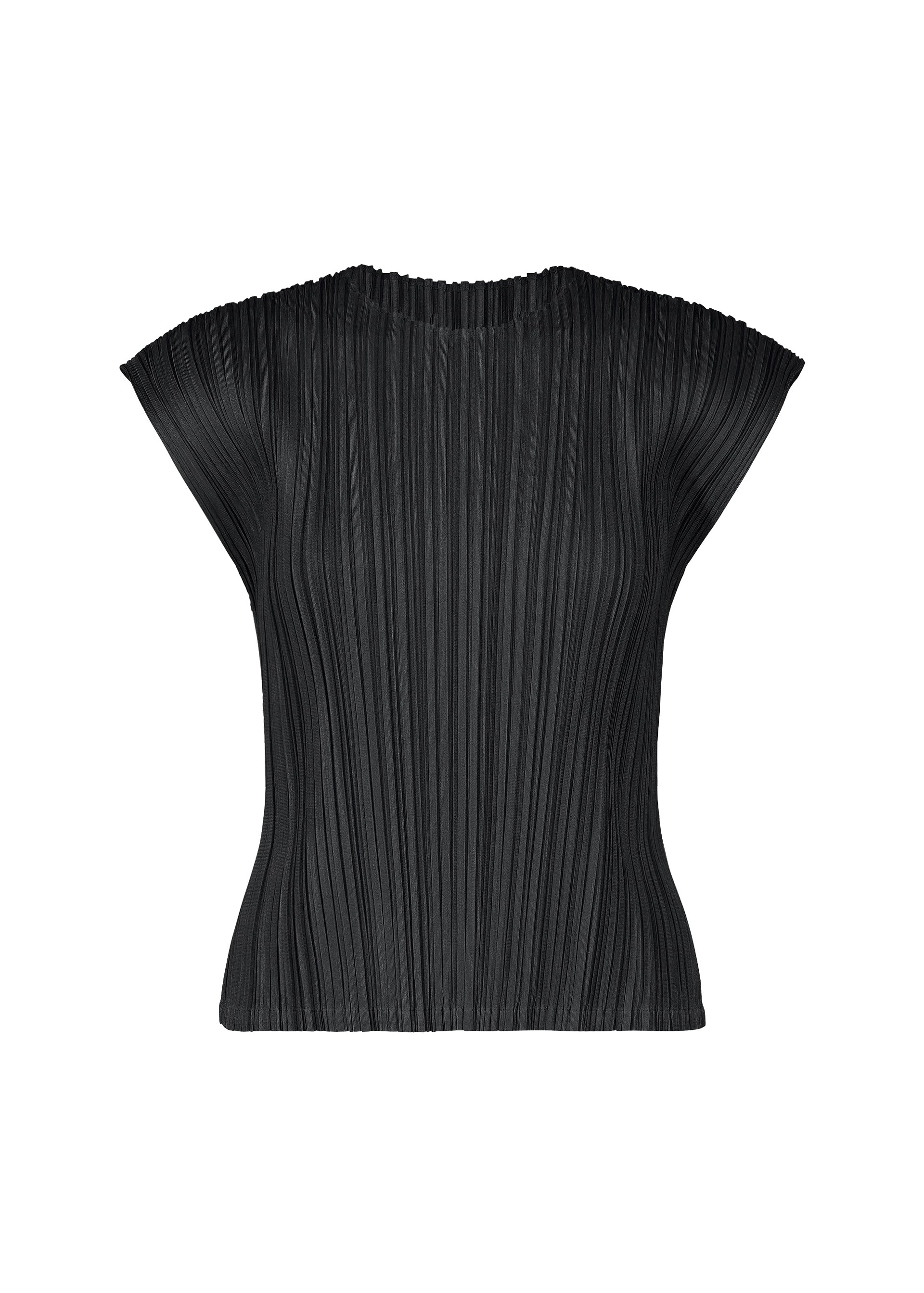 Zoomed view The MELLOW PLEATS top by PLEATS PLEASE ISSEY MIYAKE features a black hue, French sleeves, and a round neckline, showcasing a structured silhouette crafted from soft-textured pleated fabric, presented against a plain white background. - BLACK （no.15）