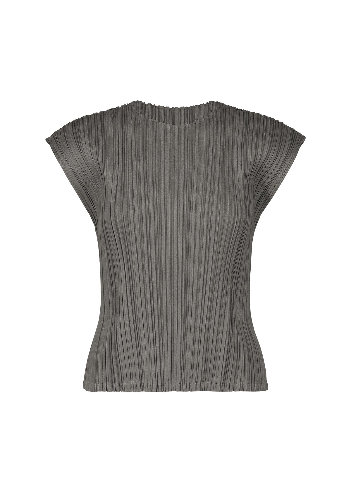 A short-sleeved, gray “MELLOW PLEATS” top by PLEATS PLEASE ISSEY MIYAKE, crafted from soft-textured pleated fabric with a round neckline, sleek French sleeves, and a fitted silhouette, displayed against a white background. view 2 of 8