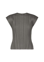 A short-sleeved, gray “MELLOW PLEATS” top by PLEATS PLEASE ISSEY MIYAKE, crafted from soft-textured pleated fabric with a round neckline, sleek French sleeves, and a fitted silhouette, displayed against a white background. - CHARCOAL （no.17）