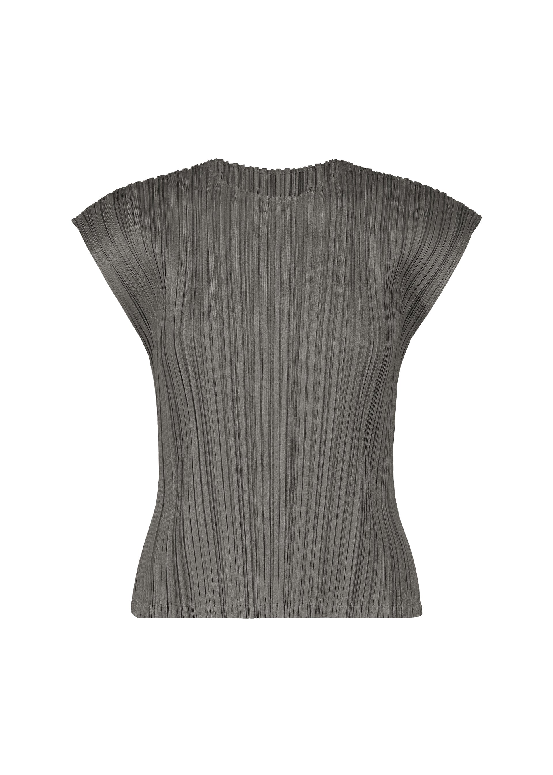 Zoomed view A short-sleeved, gray “MELLOW PLEATS” top by PLEATS PLEASE ISSEY MIYAKE, crafted from soft-textured pleated fabric with a round neckline, sleek French sleeves, and a fitted silhouette, displayed against a white background. - CHARCOAL （no.17）