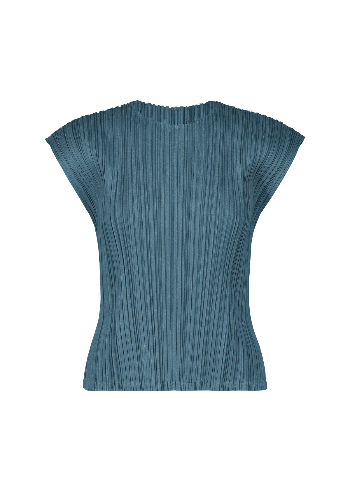 The MELLOW PLEATS blouse by PLEATS PLEASE ISSEY MIYAKE features a teal hue, short sleeves, and delicate pleats crafted from soft-textured fabric. It showcases a round neckline and structured shoulders, presented against a white background. view 3 of 8