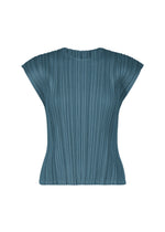 The MELLOW PLEATS blouse by PLEATS PLEASE ISSEY MIYAKE features a teal hue, short sleeves, and delicate pleats crafted from soft-textured fabric. It showcases a round neckline and structured shoulders, presented against a white background. - CERULEAN BLUE （no.53）