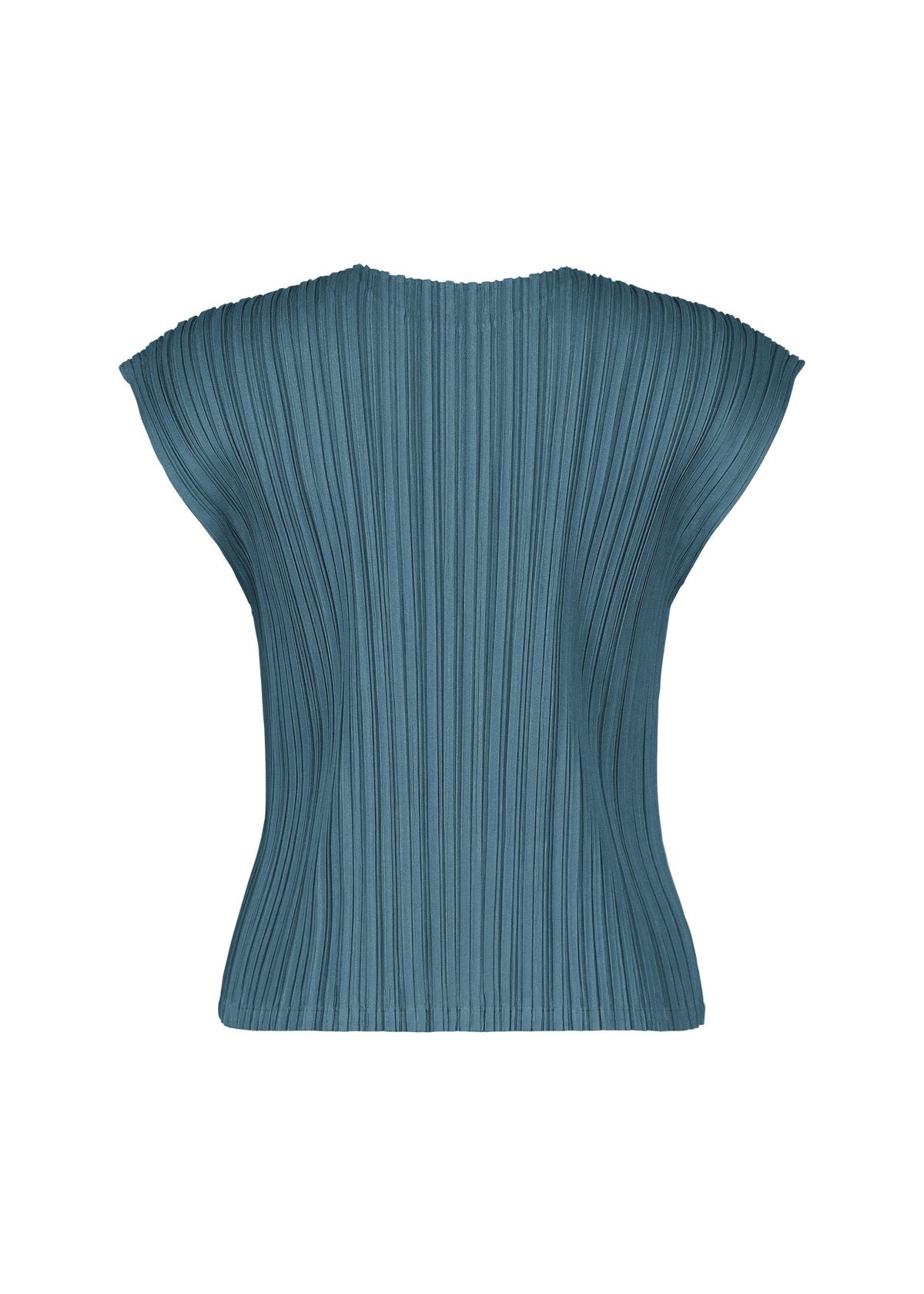 The MELLOW PLEATS top by PLEATS PLEASE ISSEY MIYAKE is displayed from the back against a plain white background. This blue, cap-sleeve design features vertical pleats and a fitted silhouette with wide shoulders, crafted from soft-textured fabric to enhance comfort and sophistication. view 4 of 8