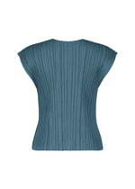 The MELLOW PLEATS top by PLEATS PLEASE ISSEY MIYAKE is displayed from the back against a plain white background. This blue, cap-sleeve design features vertical pleats and a fitted silhouette with wide shoulders, crafted from soft-textured fabric to enhance comfort and sophistication.