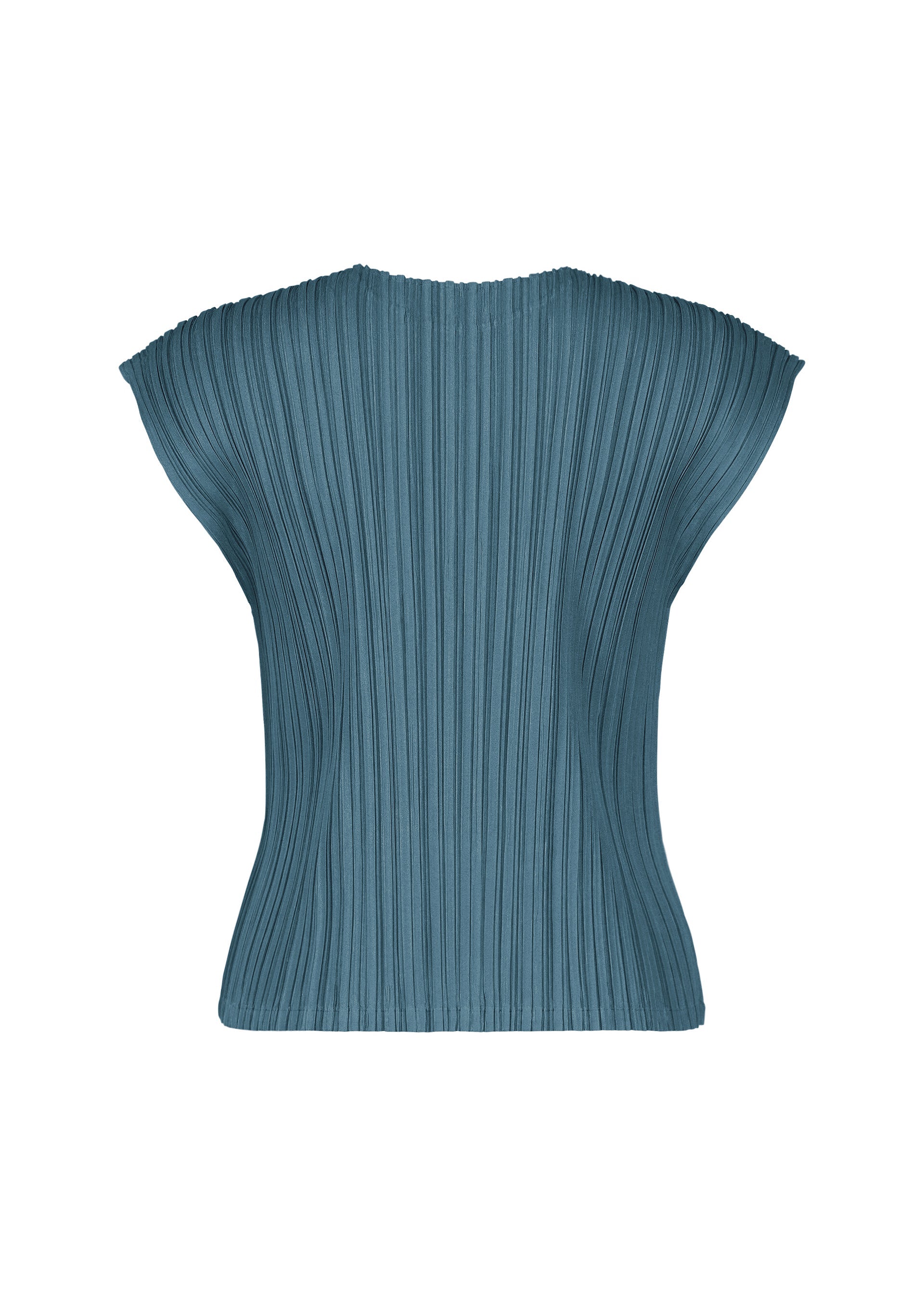 Zoomed view The MELLOW PLEATS top by PLEATS PLEASE ISSEY MIYAKE is displayed from the back against a plain white background. This blue, cap-sleeve design features vertical pleats and a fitted silhouette with wide shoulders, crafted from soft-textured fabric to enhance comfort and sophistication.