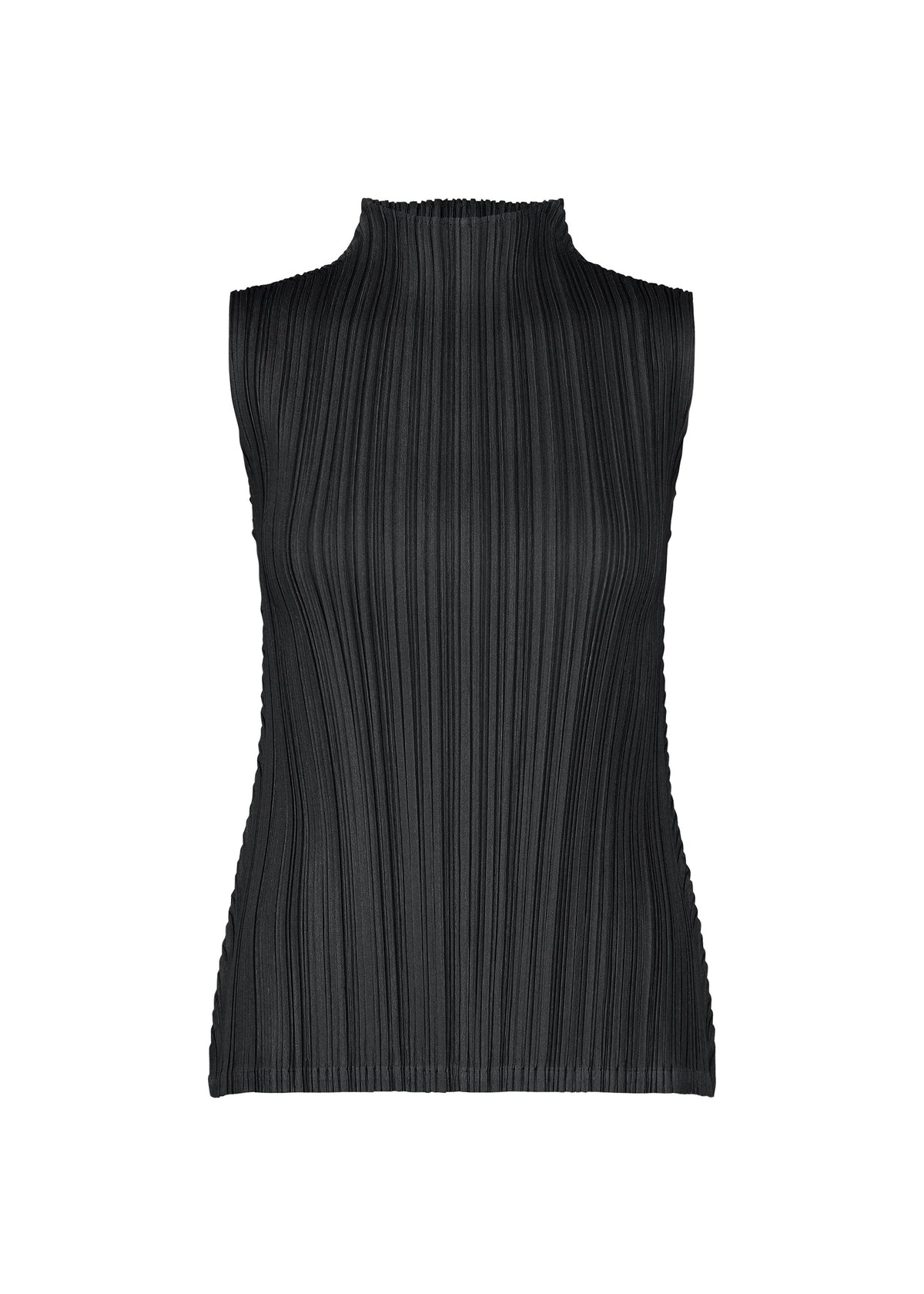 MELLOW PLEATS by PLEATS PLEASE ISSEY MIYAKE: a sleeveless black top featuring a high neckline and vertical pleats, crafted from soft-textured fabric and displayed against a white background. view 1 of 4