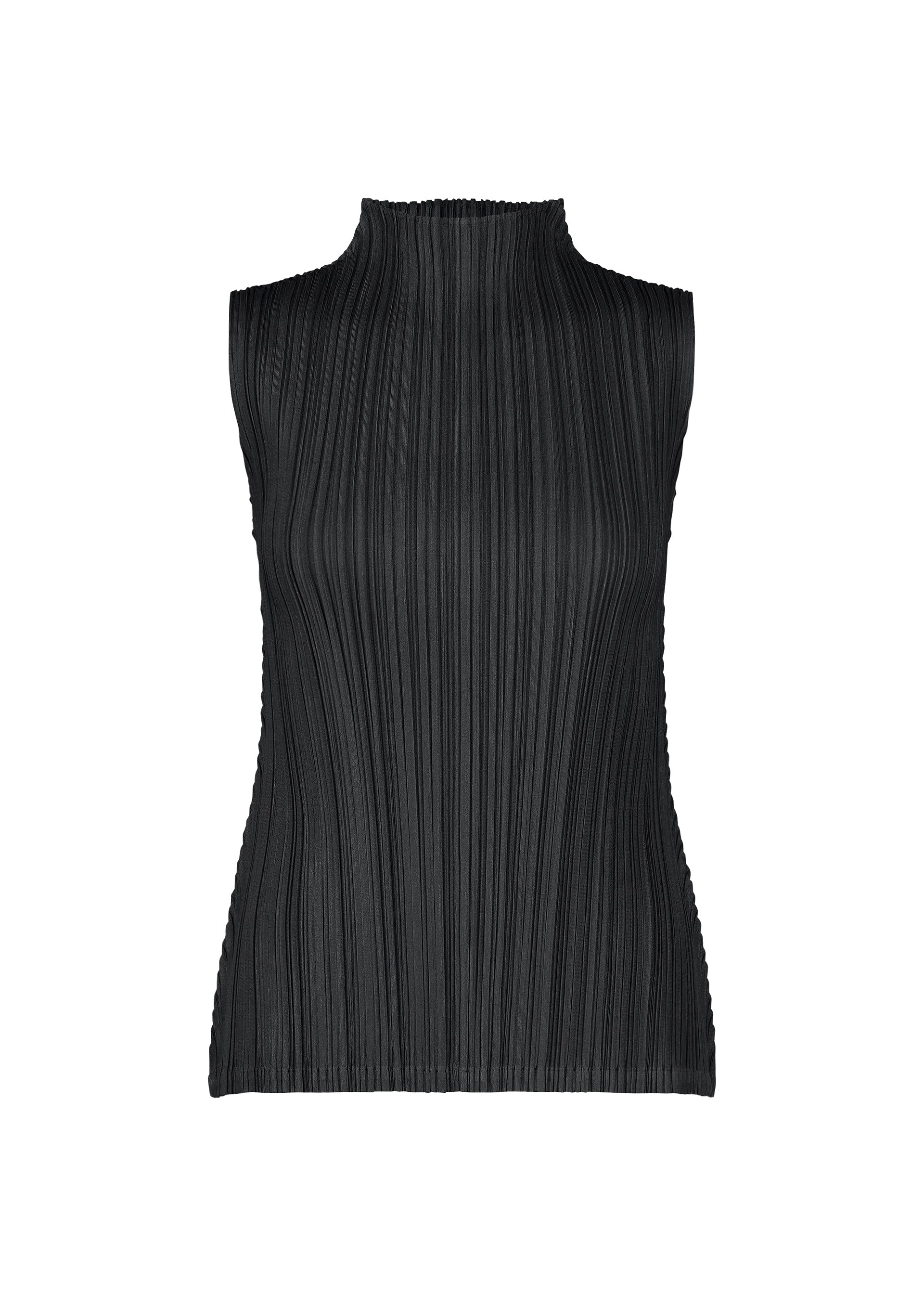 Zoomed view MELLOW PLEATS by PLEATS PLEASE ISSEY MIYAKE: a sleeveless black top featuring a high neckline and vertical pleats, crafted from soft-textured fabric and displayed against a white background. - BLACK （no.15）