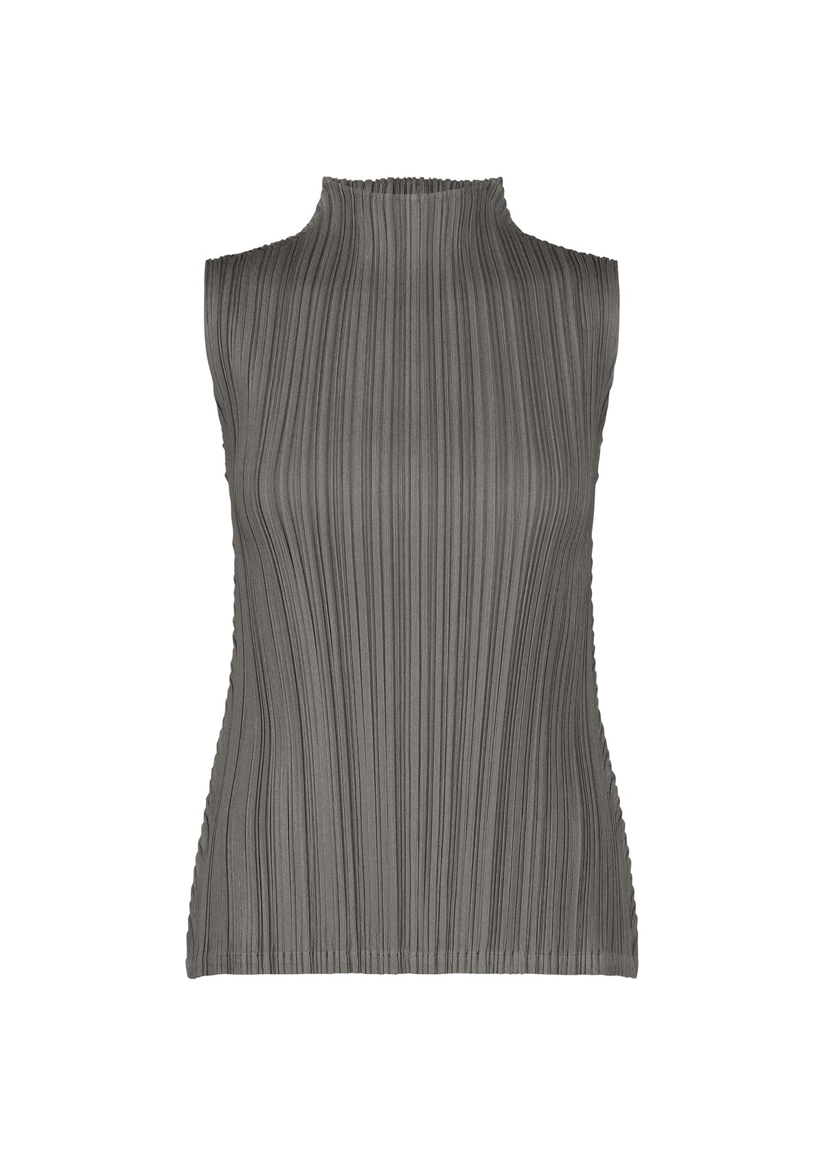 MELLOW PLEATS sleeveless gray top by PLEATS PLEASE ISSEY MIYAKE, featuring a mock neck and vertical pleated texture, crafted from soft-textured fabric and showcased on a plain white background. view 2 of 4
