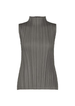 MELLOW PLEATS sleeveless gray top by PLEATS PLEASE ISSEY MIYAKE, featuring a mock neck and vertical pleated texture, crafted from soft-textured fabric and showcased on a plain white background. - CHARCOAL （no.17）