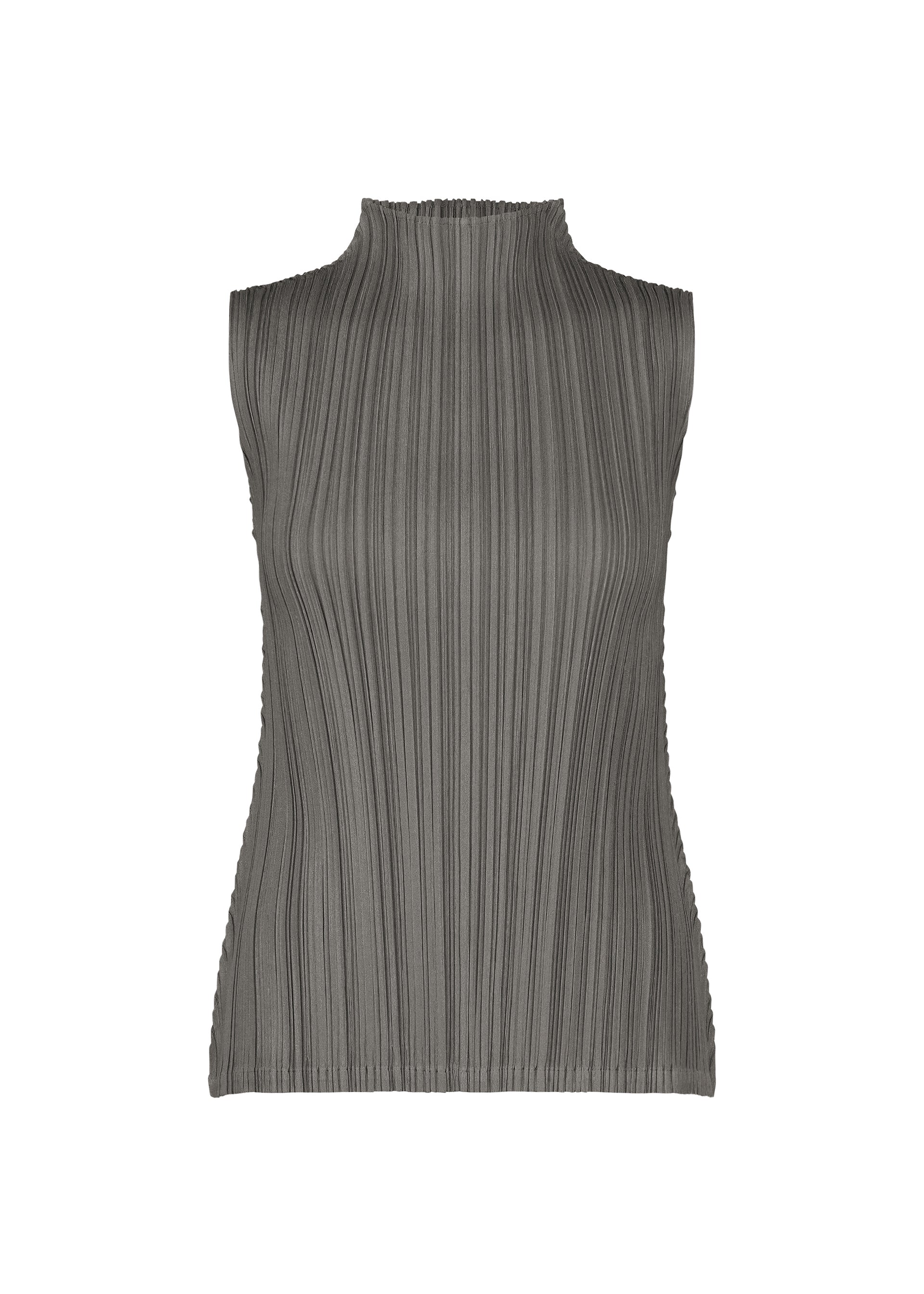 Zoomed view MELLOW PLEATS sleeveless gray top by PLEATS PLEASE ISSEY MIYAKE, featuring a mock neck and vertical pleated texture, crafted from soft-textured fabric and showcased on a plain white background. - CHARCOAL （no.17）