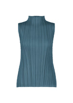 MELLOW PLEATS by PLEATS PLEASE ISSEY MIYAKE is a sleeveless, teal blue high-neck top featuring a ribbed knit and vertical pleated texture, crafted from soft-textured fabric and shown on a white background. - CERULEAN BLUE （no.53）