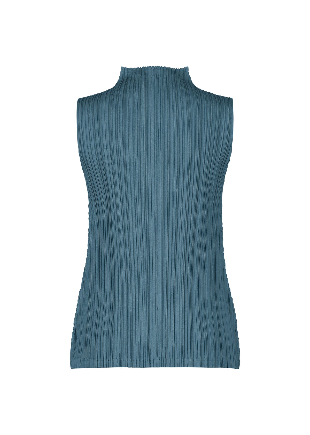 The MELLOW PLEATS sleeveless ribbed high-neck top by PLEATS PLEASE ISSEY MIYAKE is presented from the back against a plain white background. The blue-green garment features a mock neck and soft-textured fabric with signature vertical pleats, creating a distinctive textured look. view 4 of 4