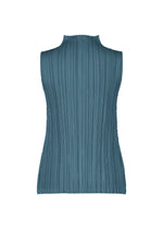 The MELLOW PLEATS sleeveless ribbed high-neck top by PLEATS PLEASE ISSEY MIYAKE is presented from the back against a plain white background. The blue-green garment features a mock neck and soft-textured fabric with signature vertical pleats, creating a distinctive textured look.