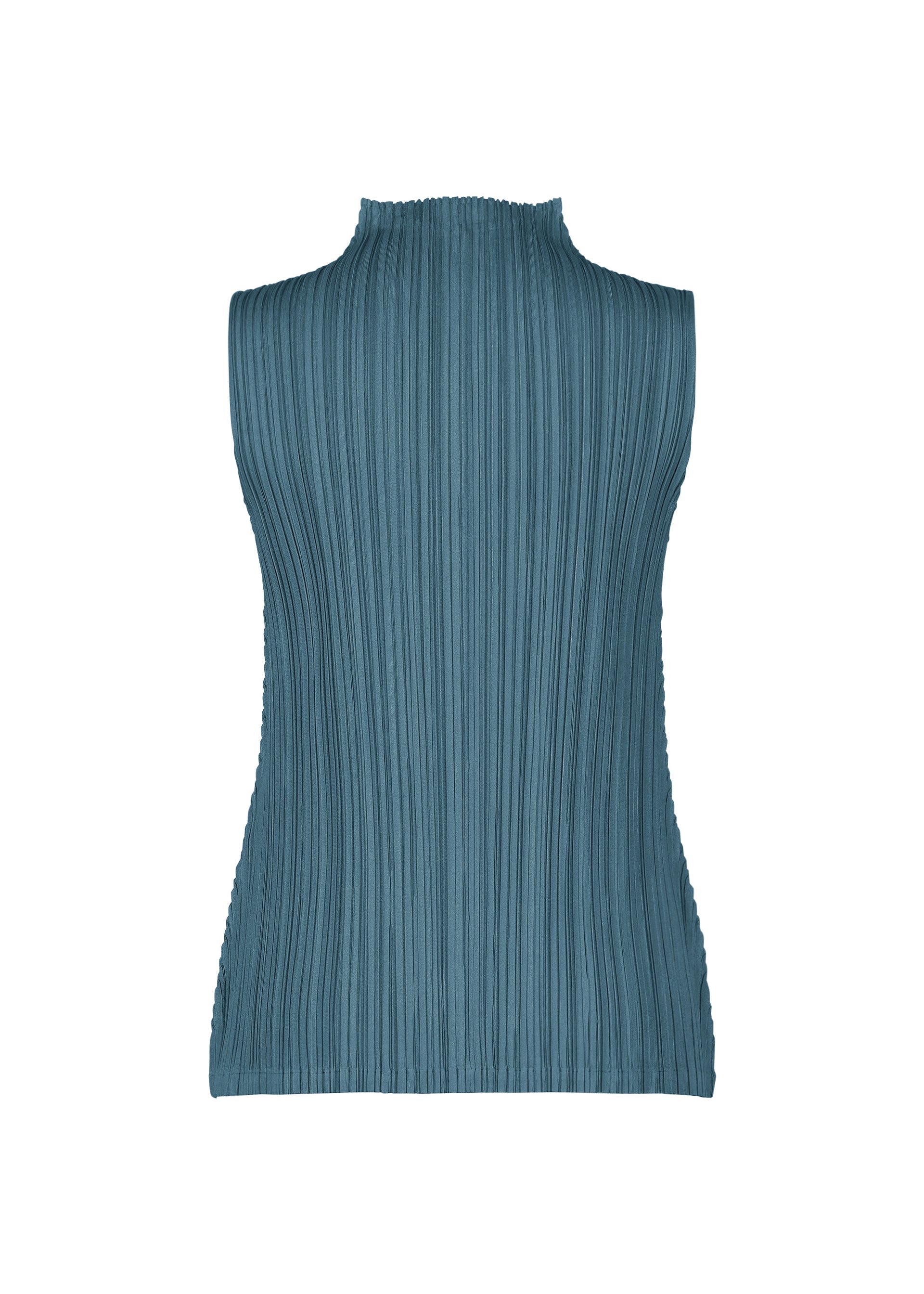 Zoomed view The MELLOW PLEATS sleeveless ribbed high-neck top by PLEATS PLEASE ISSEY MIYAKE is presented from the back against a plain white background. The blue-green garment features a mock neck and soft-textured fabric with signature vertical pleats, creating a distinctive textured look.