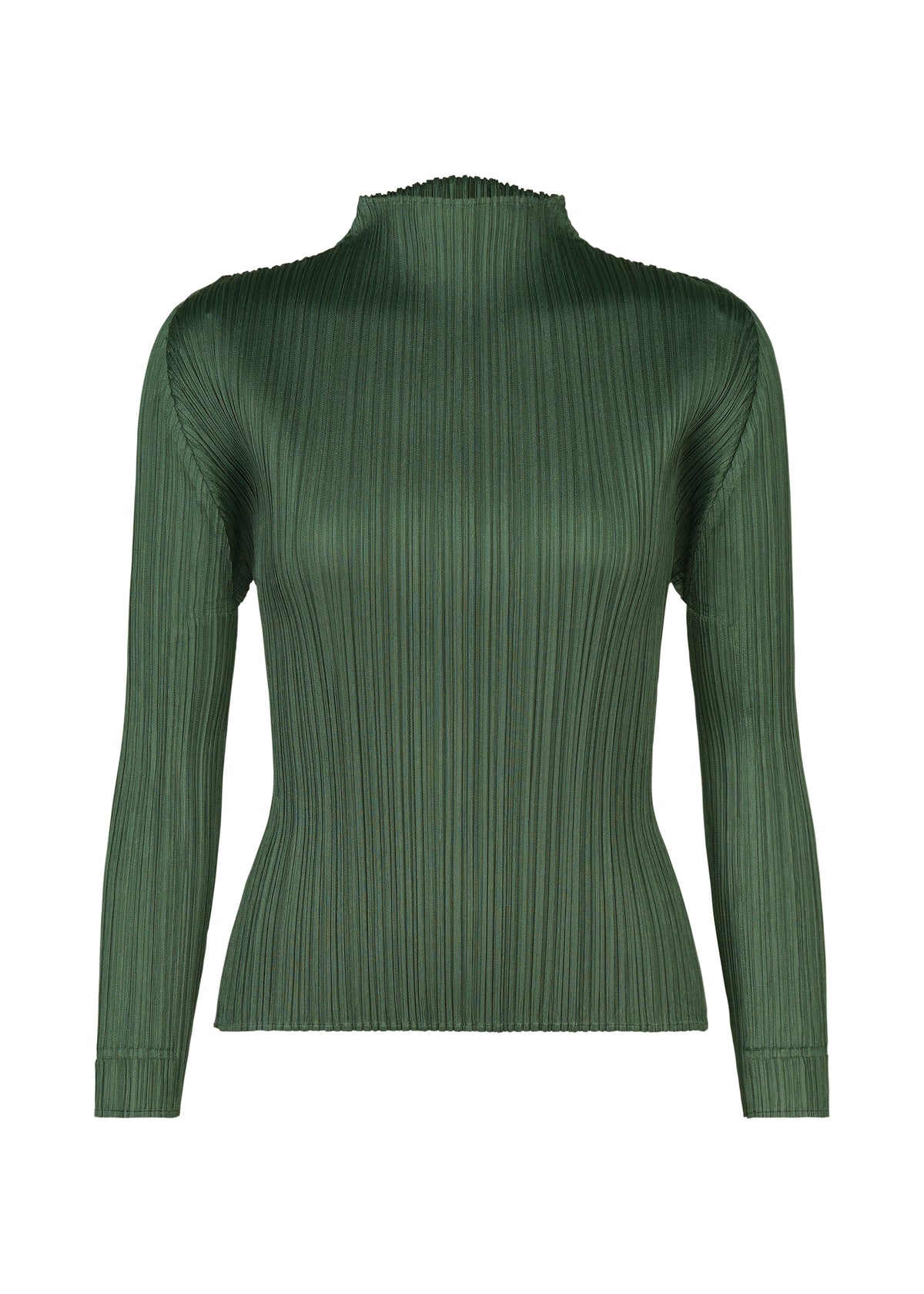 Zoomed view FLUTTER by PLEATS PLEASE ISSEY MIYAKE—a dark green, long-sleeve ribbed knit high-neck top featuring a mock neck and fitted silhouette—is showcased against a plain white background as a versatile staple for women’s fashion. - MOSS GREEN （no.68）