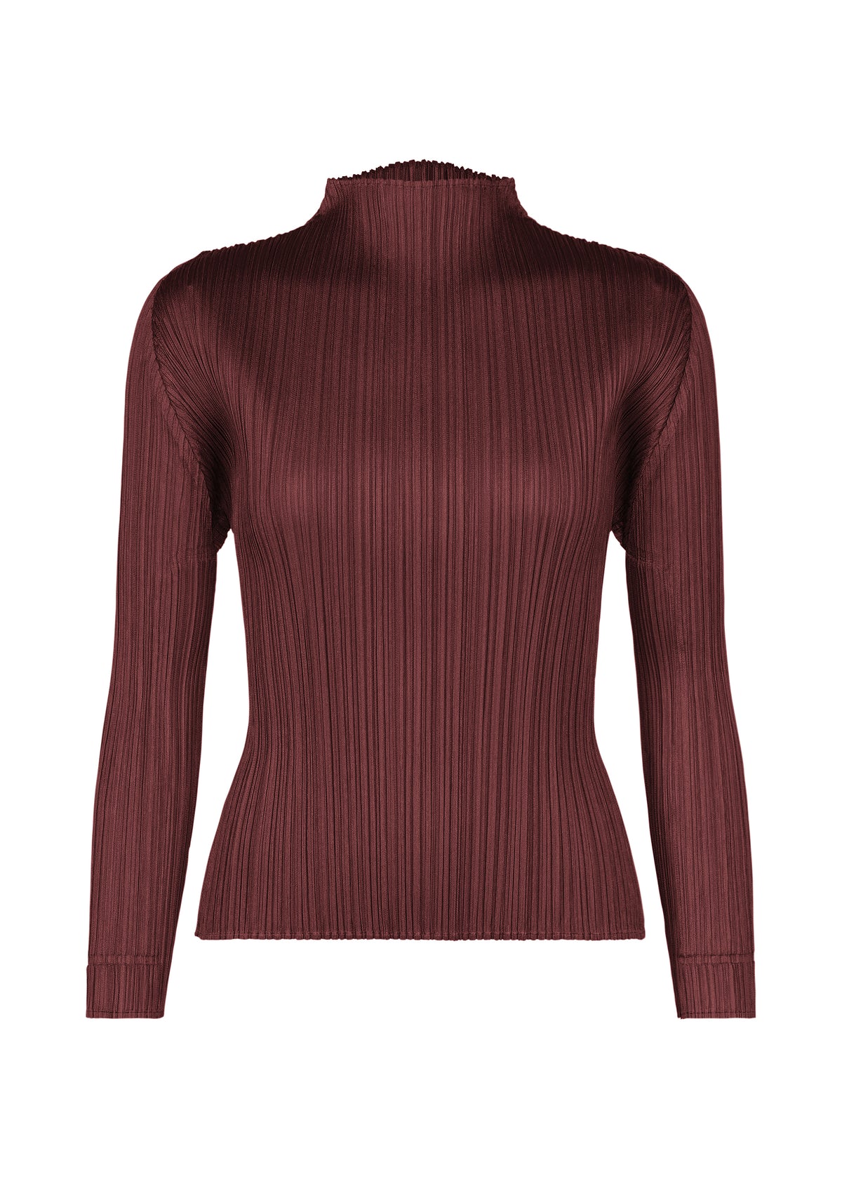 The FLUTTER top by PLEATS PLEASE ISSEY MIYAKE is a long-sleeve, dark maroon sweater featuring a mock neck and an elegant fitted silhouette, distinguished by its signature ribbed, vertically pleated texture—a sophisticated choice for any women’s wardrobe. view 1 of 7
