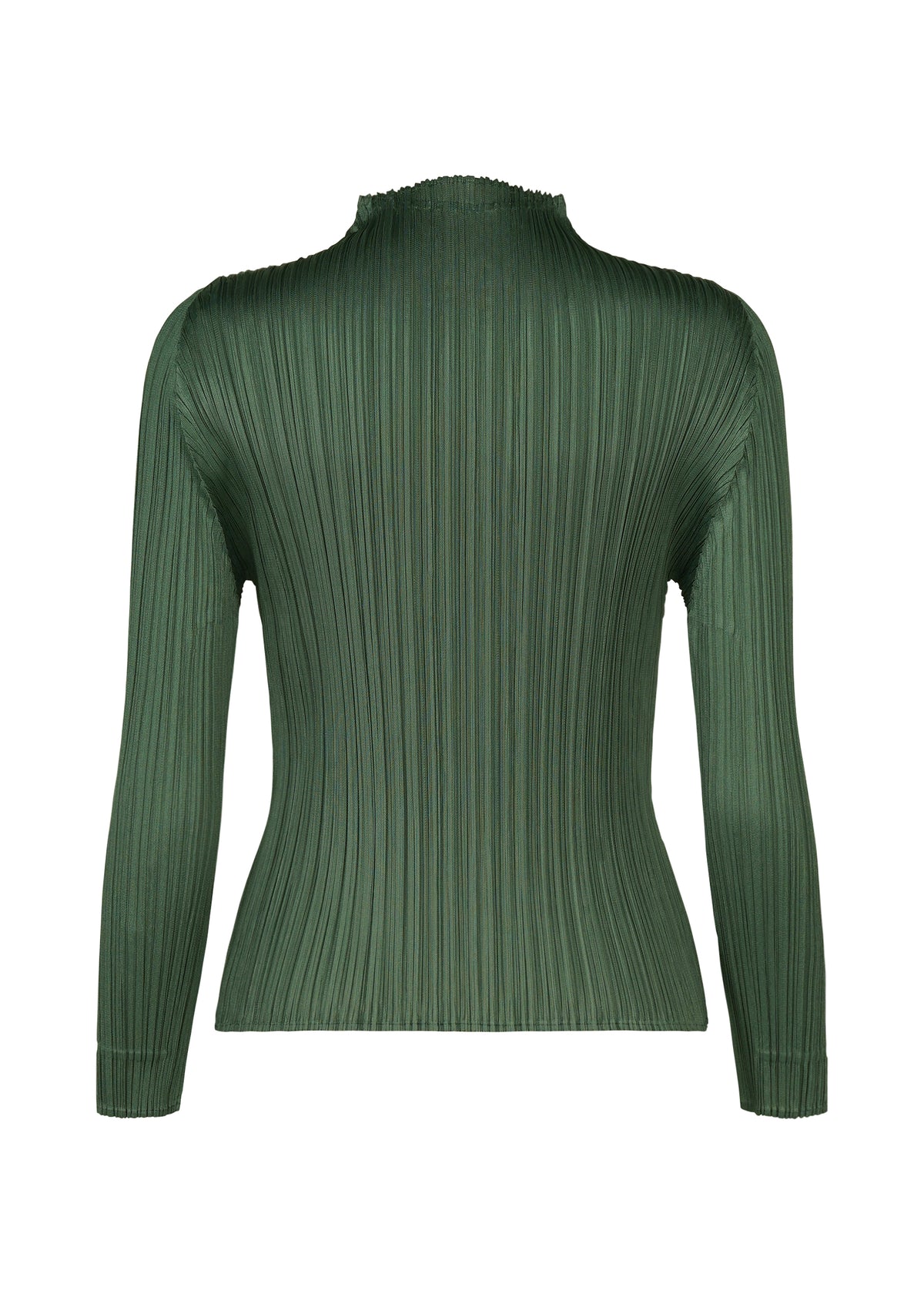 The FLUTTER top by PLEATS PLEASE ISSEY MIYAKE is presented from the back, showcasing its long sleeves, deep green pleated fabric, high neckline, and fitted silhouette—a sophisticated reinterpretation of the classic high-neck top in women’s fashion. view 3 of 7