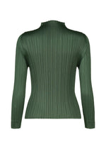 The FLUTTER top by PLEATS PLEASE ISSEY MIYAKE is presented from the back, showcasing its long sleeves, deep green pleated fabric, high neckline, and fitted silhouette—a sophisticated reinterpretation of the classic high-neck top in women’s fashion.
