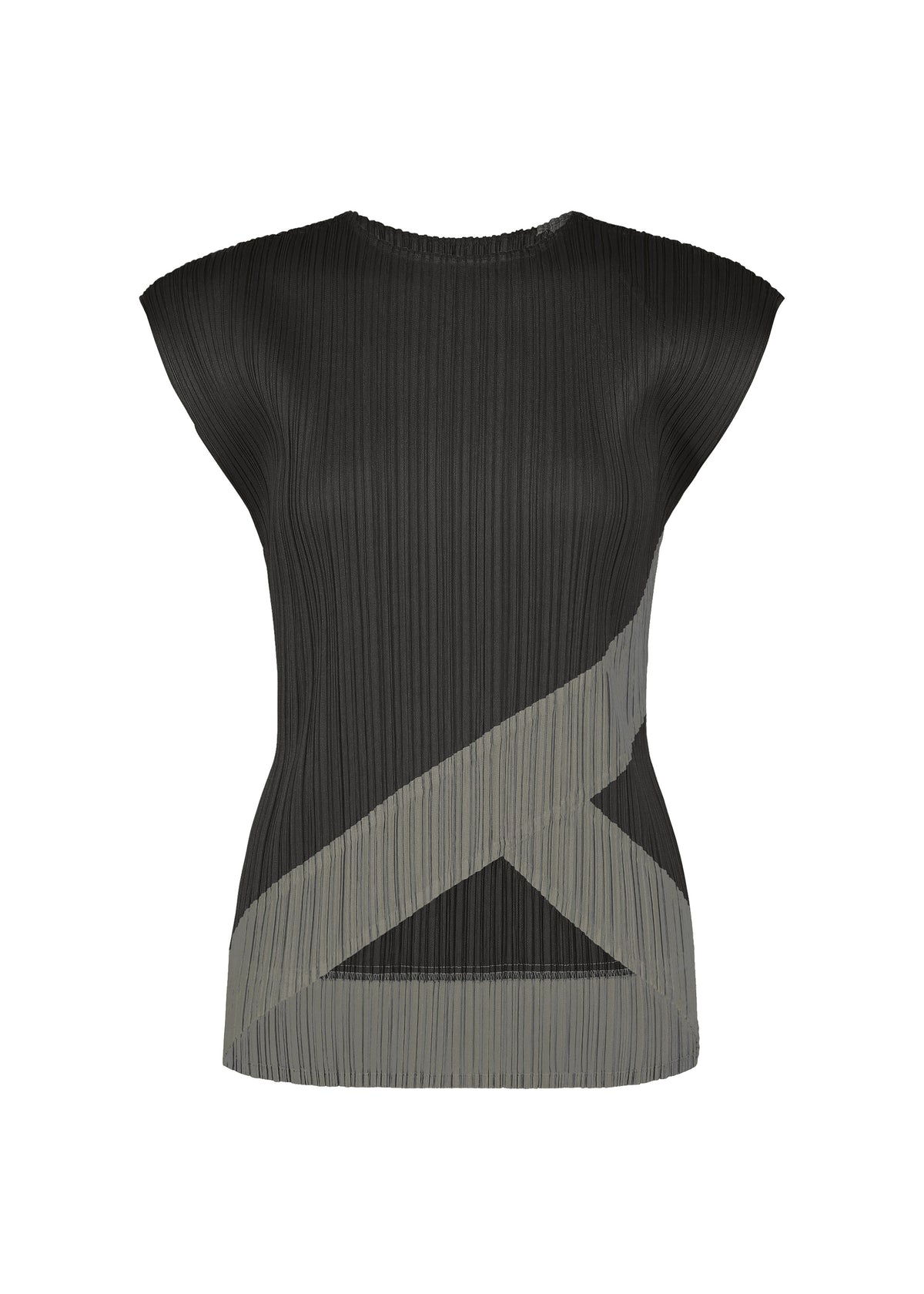 The TWIRL top by PLEATS PLEASE ISSEY MIYAKE is a black, short-sleeved, pleated round-neck shirt featuring a subtle gray geometric pattern across the lower half and right side. It offers a fitted silhouette with a high, round neckline. view 4 of 9