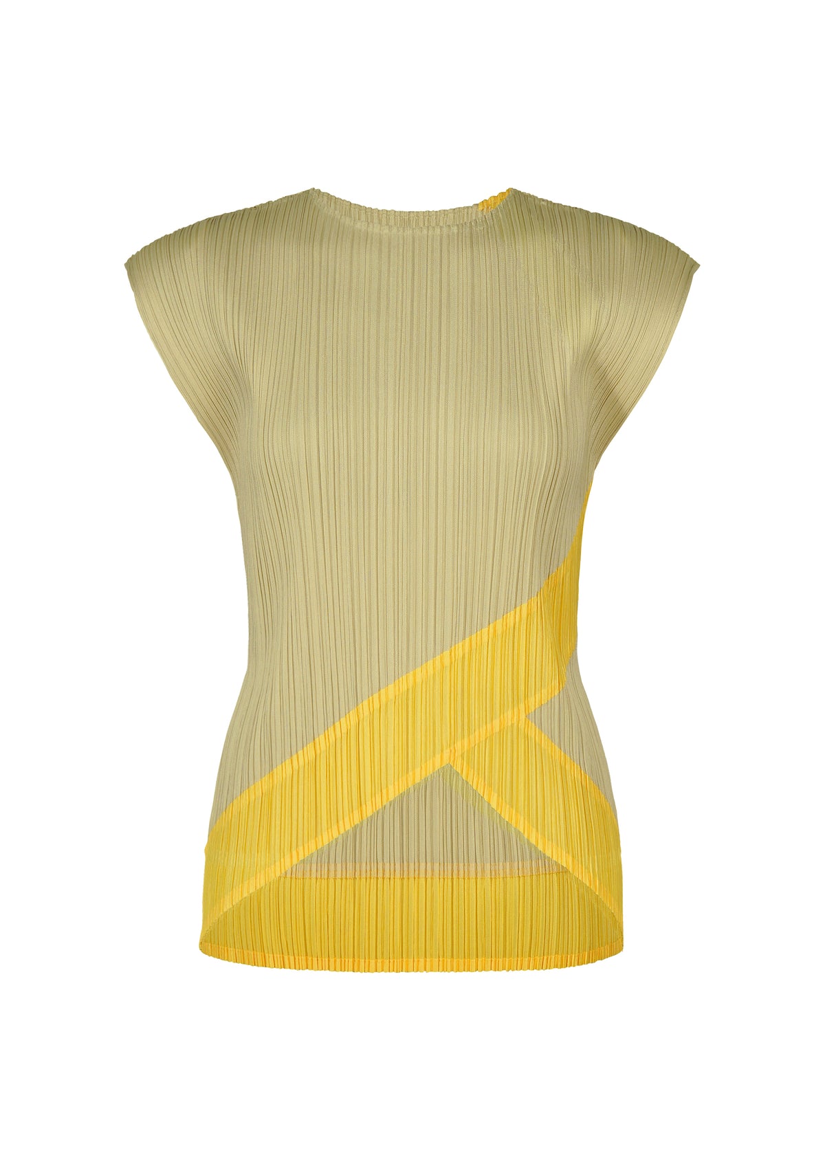 TWIRL by PLEATS PLEASE ISSEY MIYAKE: a sleeveless, light olive pleated round-neck top featuring an asymmetrical yellow geometric stripe across the lower front. view 1 of 9