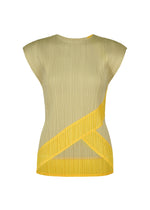 TWIRL by PLEATS PLEASE ISSEY MIYAKE: a sleeveless, light olive pleated round-neck top featuring an asymmetrical yellow geometric stripe across the lower front. - YELLOW （no.52）