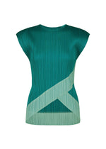 TWIRL by PLEATS PLEASE ISSEY MIYAKE: a teal pleated round-neck short-sleeve top featuring a diagonal light green stripe and geometric pattern across the front, shown on a white background. - TURQUOISE GREEN （no.66）