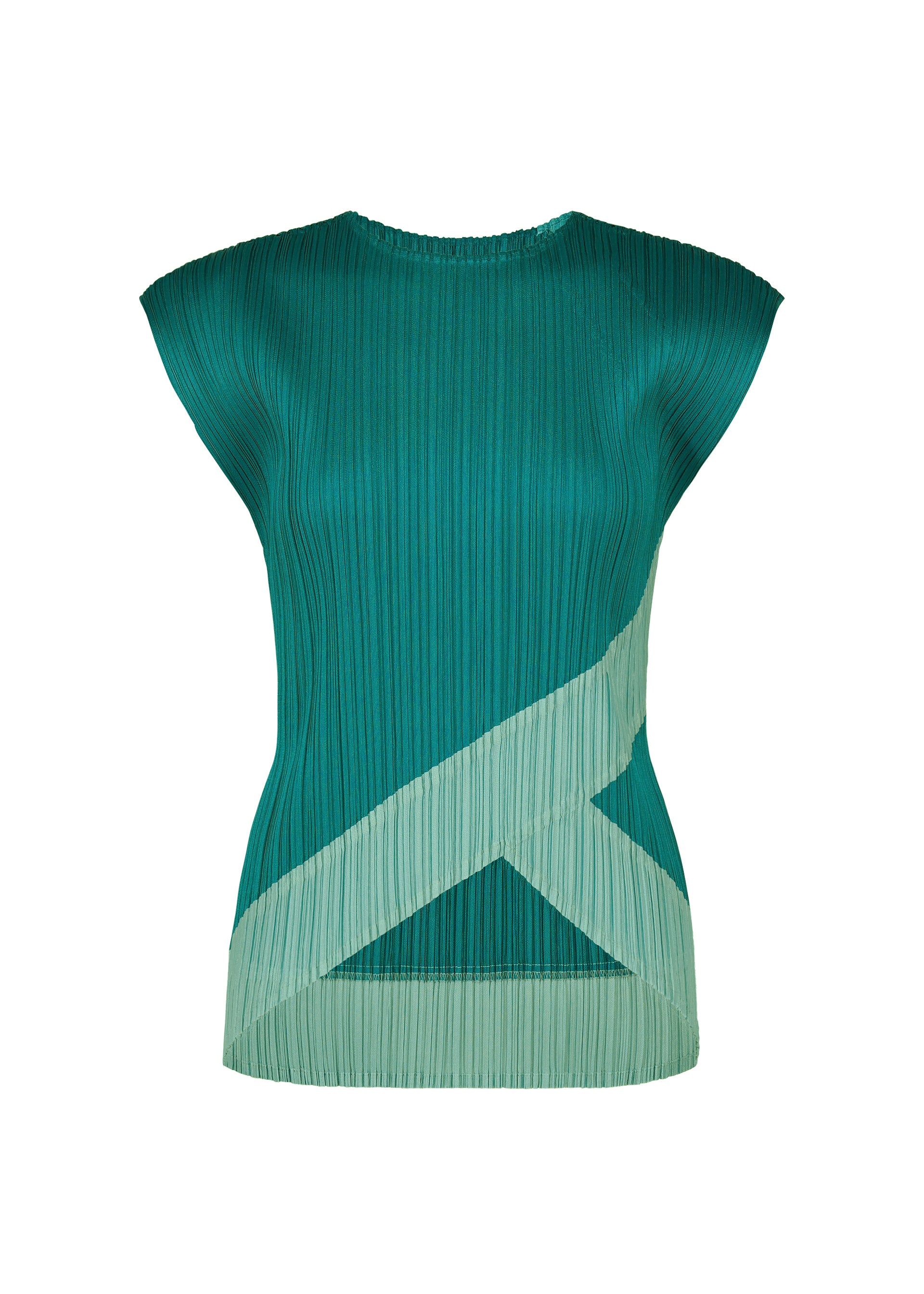 Zoomed view TWIRL by PLEATS PLEASE ISSEY MIYAKE: a teal pleated round-neck short-sleeve top featuring a diagonal light green stripe and geometric pattern across the front, shown on a white background. - TURQUOISE GREEN （no.66）