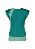 Introducing TWIRL by PLEATS PLEASE ISSEY MIYAKE: a vertically ribbed, sleeveless teal top with a round neckline and cap sleeves. This standout piece is accented with light mint green curved and diagonal designs on the left shoulder and lower right hem.
