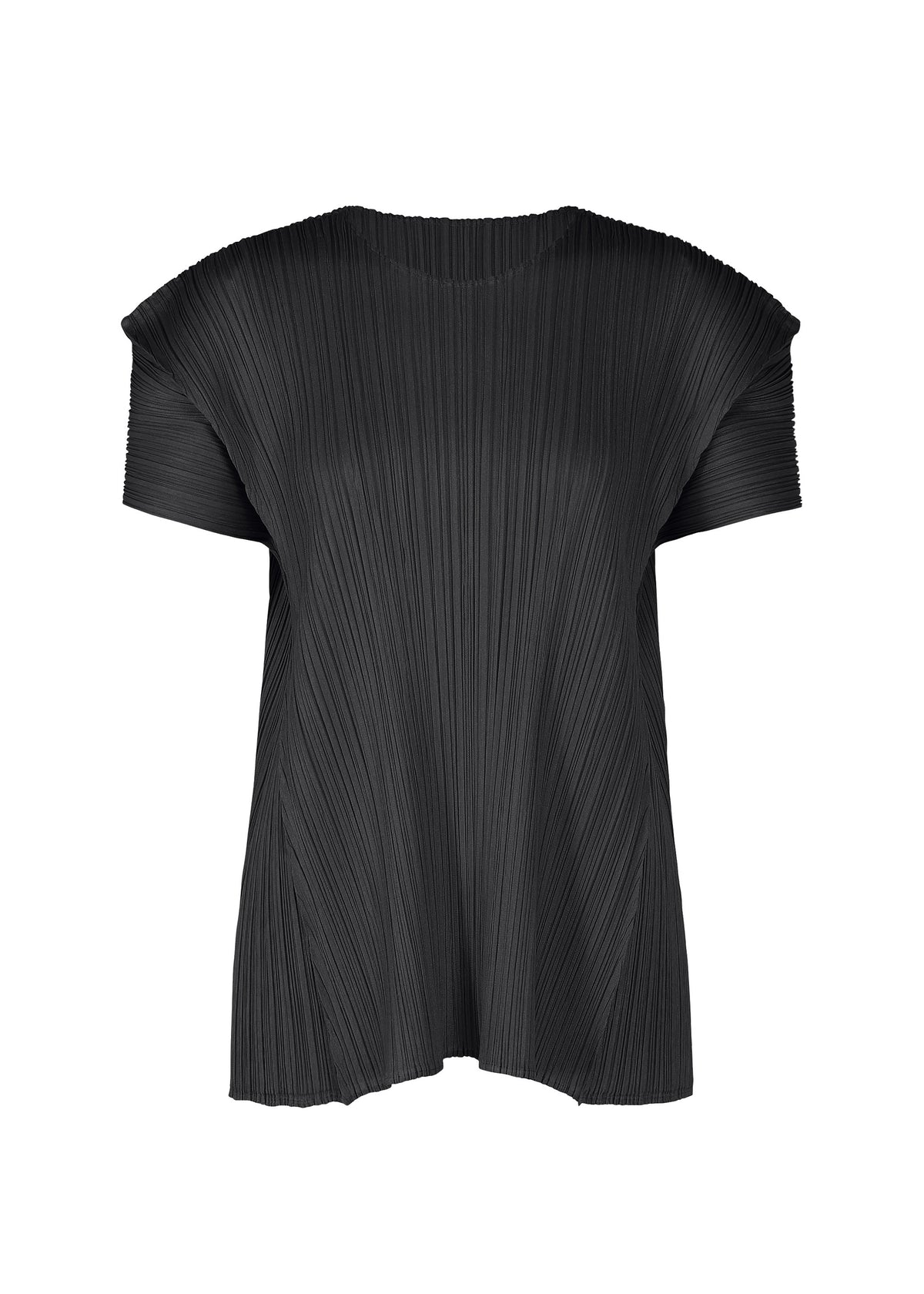 The BOUQUET top by PLEATS PLEASE ISSEY MIYAKE is a black, short-sleeved piece with floral inspiration, a round neck, loose fit, and pleated vertical texture, shown on a white background. view 2 of 9