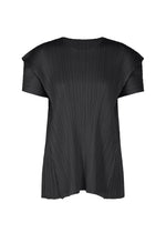 The BOUQUET top by PLEATS PLEASE ISSEY MIYAKE is a black, short-sleeved piece with floral inspiration, a round neck, loose fit, and pleated vertical texture, shown on a white background. - BLACK （no.15）