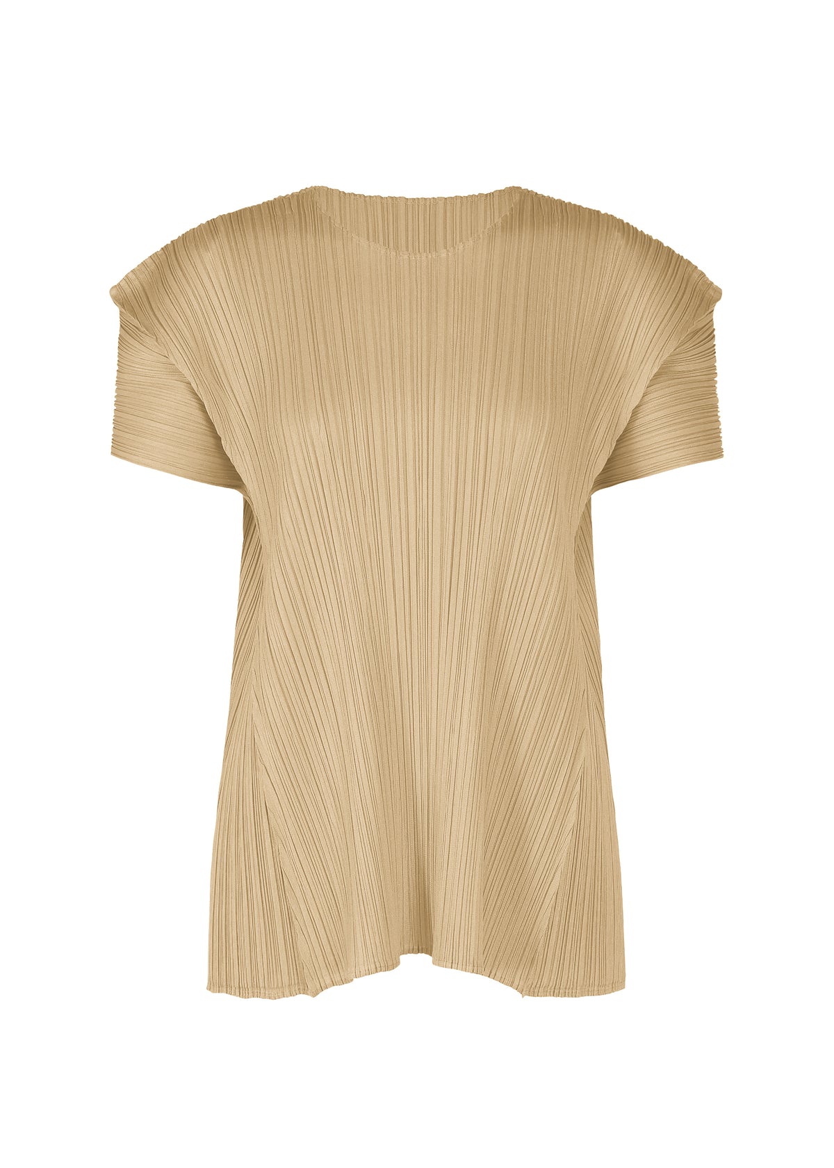BOUQUET by PLEATS PLEASE ISSEY MIYAKE: A beige, short-sleeve round-neck top with a relaxed fit, floral-inspired design, and fine vertical pleats throughout the fabric. view 1 of 9