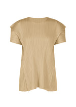 BOUQUET by PLEATS PLEASE ISSEY MIYAKE: A beige, short-sleeve round-neck top with a relaxed fit, floral-inspired design, and fine vertical pleats throughout the fabric. - SAND BEIGE （no.42）