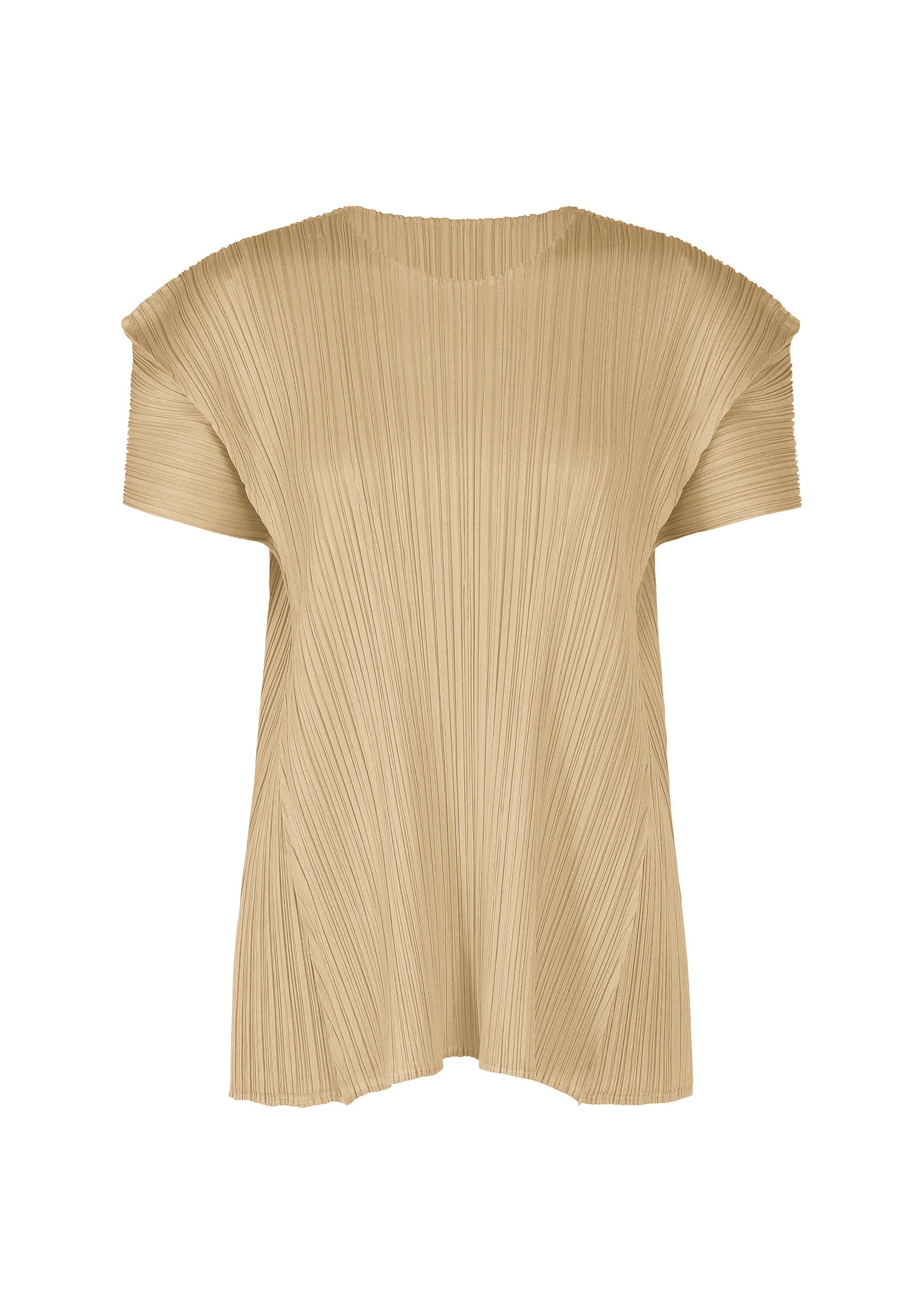 Zoomed view BOUQUET by PLEATS PLEASE ISSEY MIYAKE: A beige, short-sleeve round-neck top with a relaxed fit, floral-inspired design, and fine vertical pleats throughout the fabric. - SAND BEIGE （no.42）