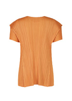 The BOUQUET top by PLEATS PLEASE ISSEY MIYAKE features a round neck, fine vertical pleats, and a loose, relaxed fit in vibrant orange, shown against a white background.