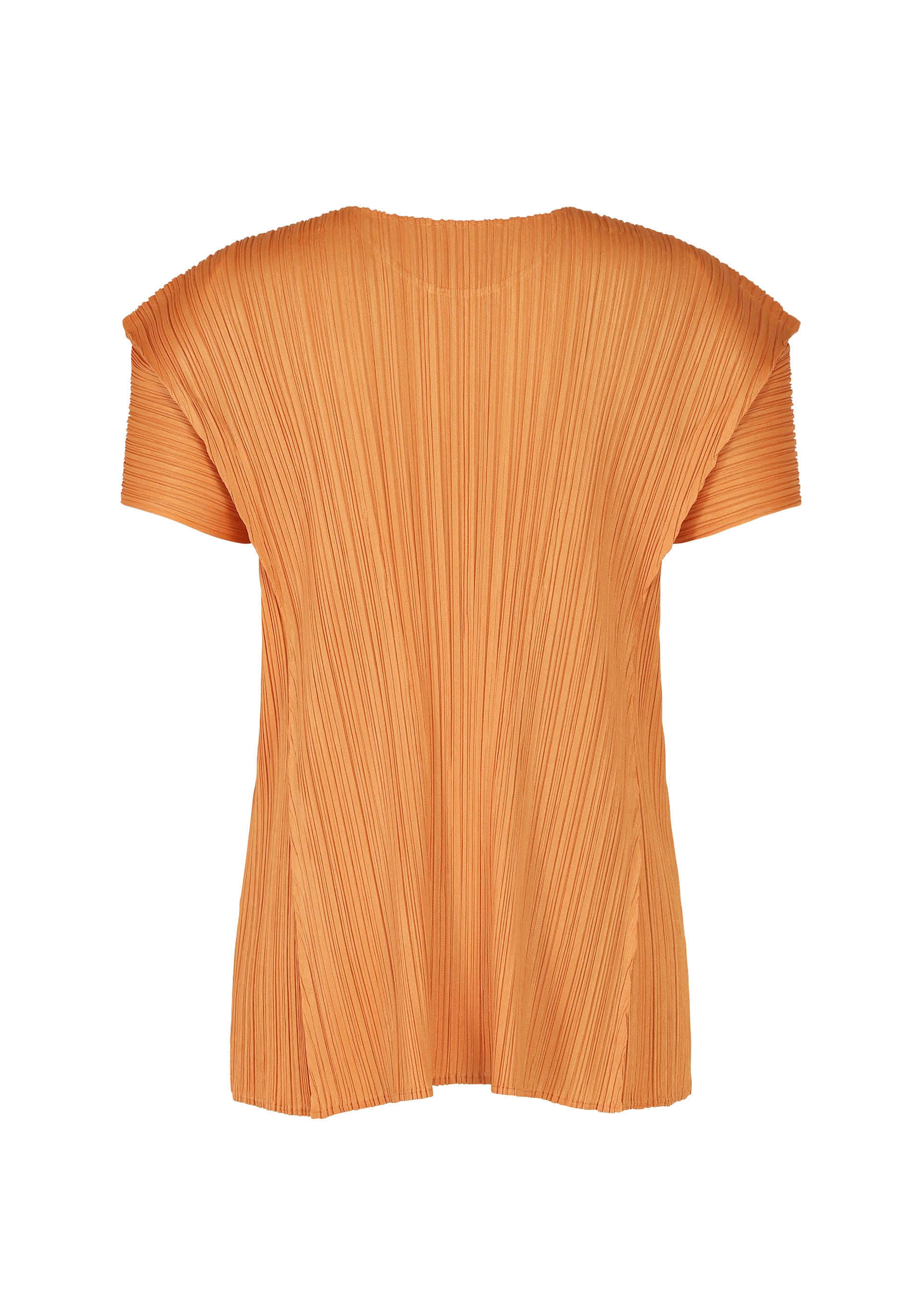 Zoomed view The BOUQUET top by PLEATS PLEASE ISSEY MIYAKE features a round neck, fine vertical pleats, and a loose, relaxed fit in vibrant orange, shown against a white background.