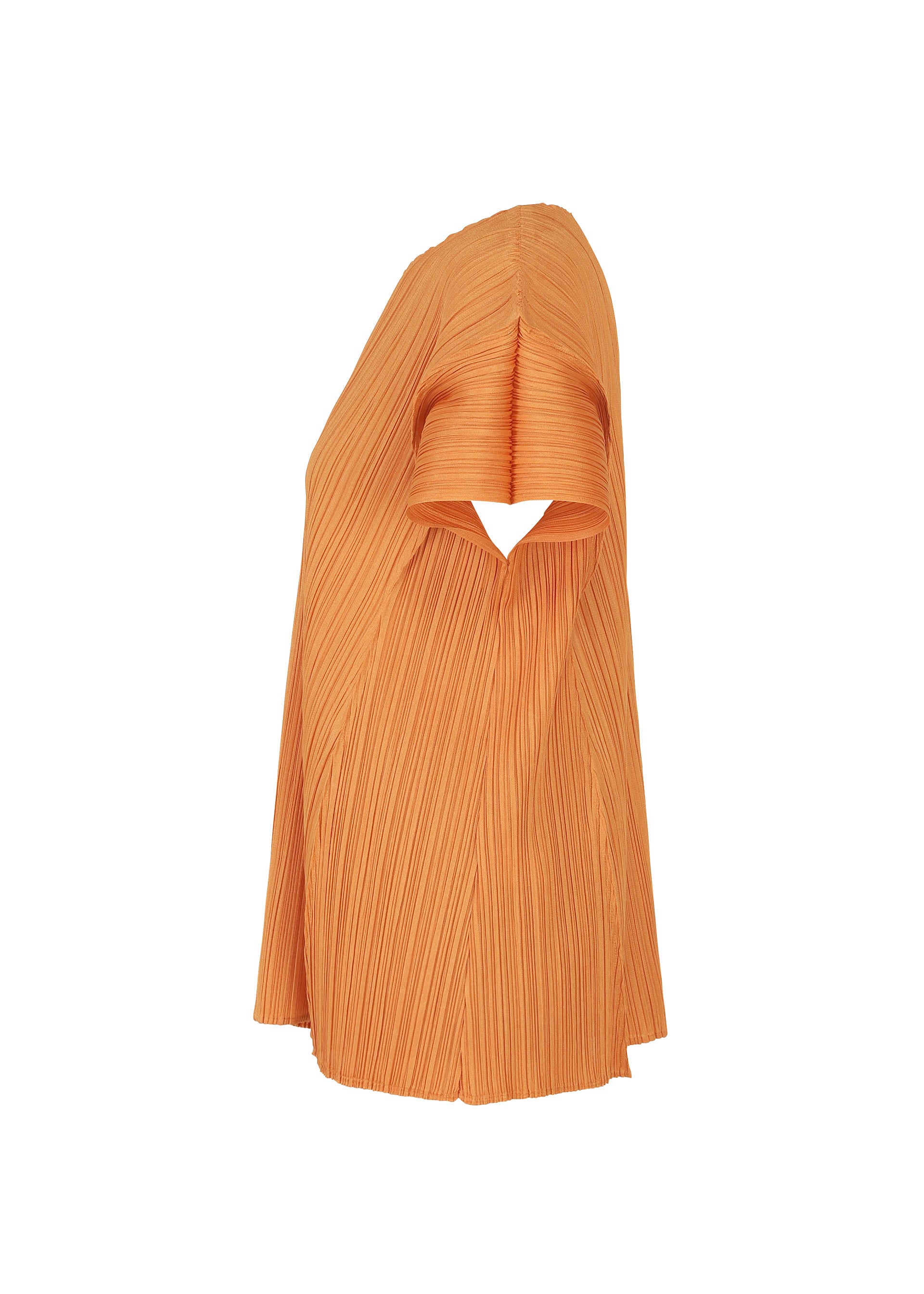 Zoomed view A side view of the BOUQUET top by PLEATS PLEASE ISSEY MIYAKE, an orange pleated asymmetrical piece with one short sleeve and one sleeveless side, shown on a white background. The design hints at floral-inspired elegance.