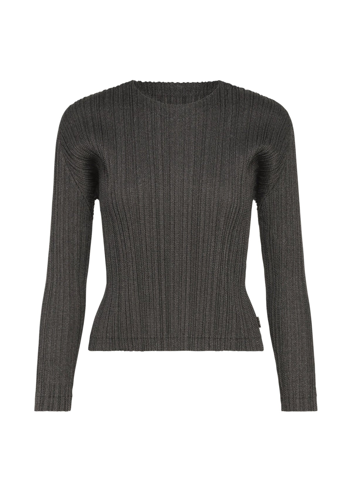 The COTTON DENIM BLACK by PLEATS PLEASE ISSEY MIYAKE is a long-sleeve, ribbed round-neck knit sweater in dark gray with a straight hem, shown against a plain white background. view 1 of 6