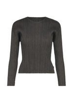 The COTTON DENIM BLACK by PLEATS PLEASE ISSEY MIYAKE is a long-sleeve, ribbed round-neck knit sweater in dark gray with a straight hem, shown against a plain white background. - BLACK （no.15）