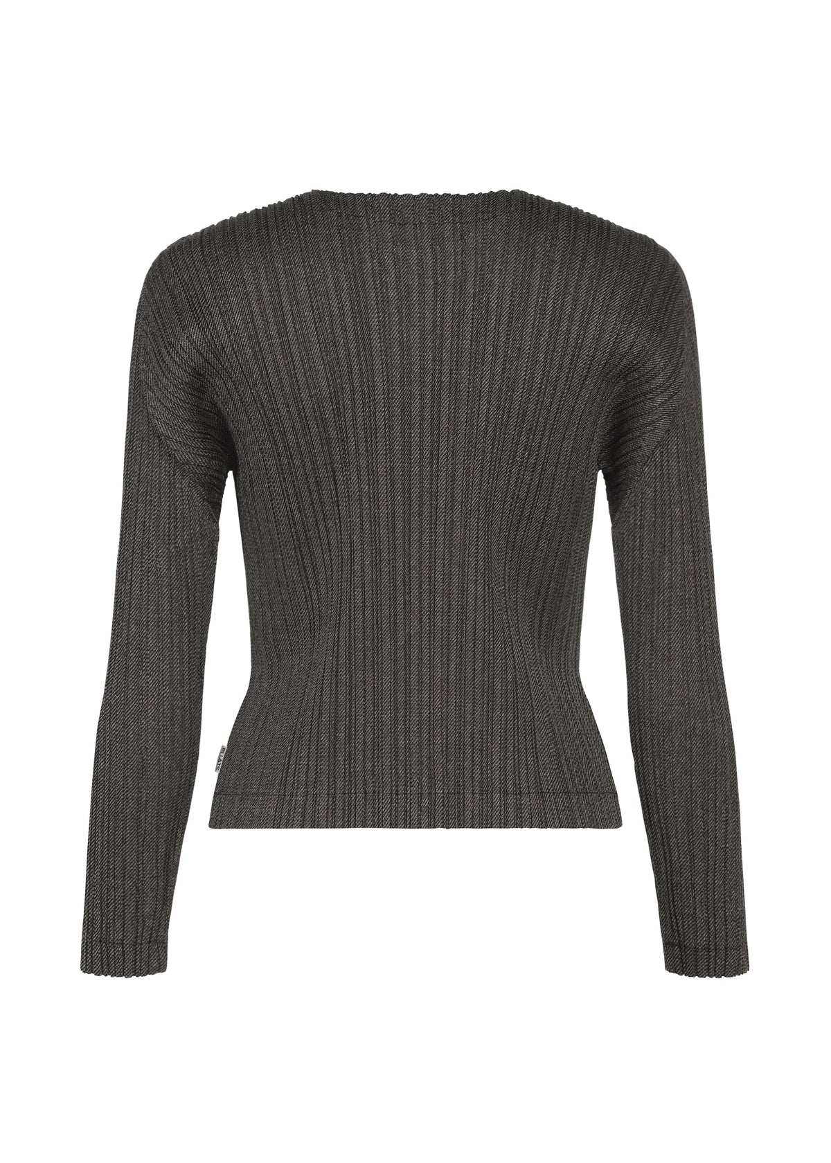 A back view of the COTTON DENIM BLACK by PLEATS PLEASE ISSEY MIYAKE: this round-neck, long-sleeve ribbed sweater in dark gray has a fitted waist and slightly flared sleeves. view 2 of 6