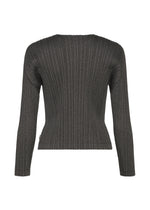 A back view of the COTTON DENIM BLACK by PLEATS PLEASE ISSEY MIYAKE: this round-neck, long-sleeve ribbed sweater in dark gray has a fitted waist and slightly flared sleeves.