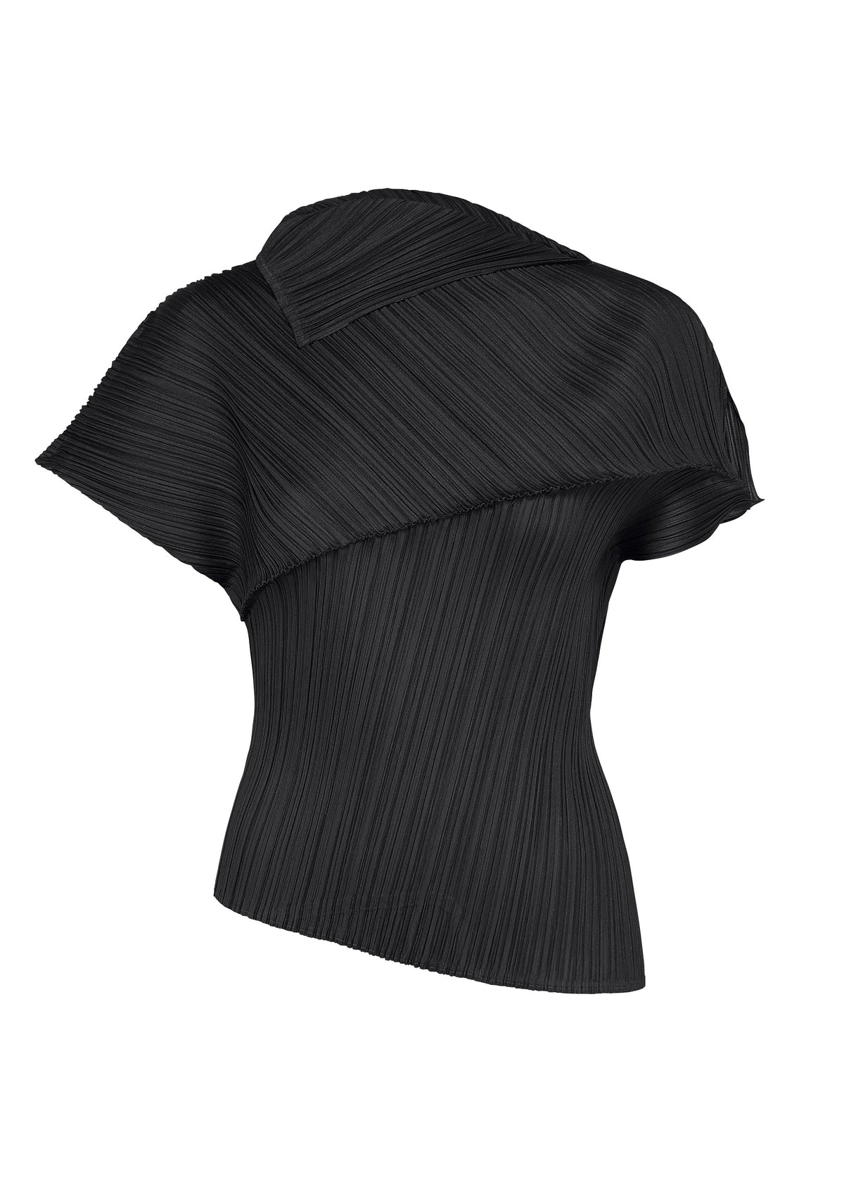 LEAP by PLEATS PLEASE ISSEY MIYAKE: A black, asymmetrical top with one draped sleeve, featuring fine vertical pleats for texture and a sculptural, modern silhouette. view 1 of 8