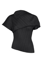 LEAP by PLEATS PLEASE ISSEY MIYAKE: A black, asymmetrical top with one draped sleeve, featuring fine vertical pleats for texture and a sculptural, modern silhouette. - BLACK （no.15）