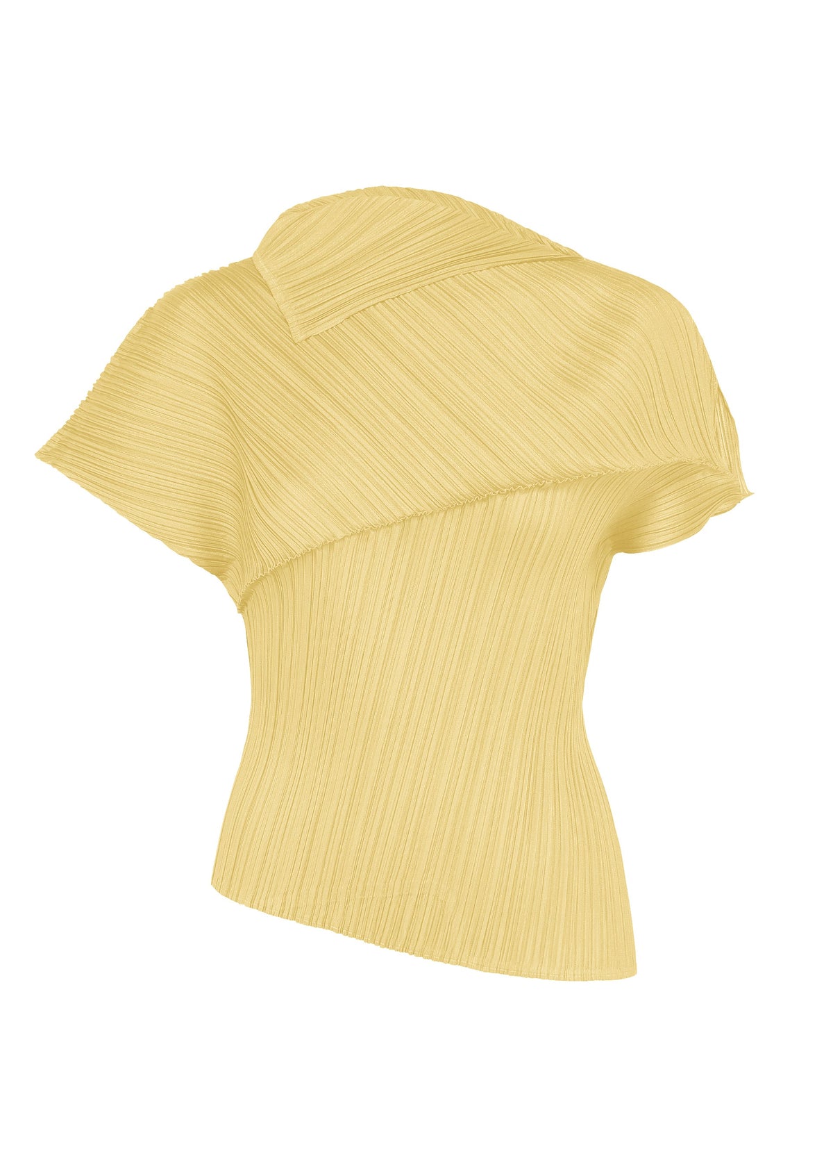 The LEAP by PLEATS PLEASE ISSEY MIYAKE is a yellow, short-sleeved top with pleated texture, an asymmetrical silhouette, and striking draped, structured details at the neckline and hem. view 2 of 8